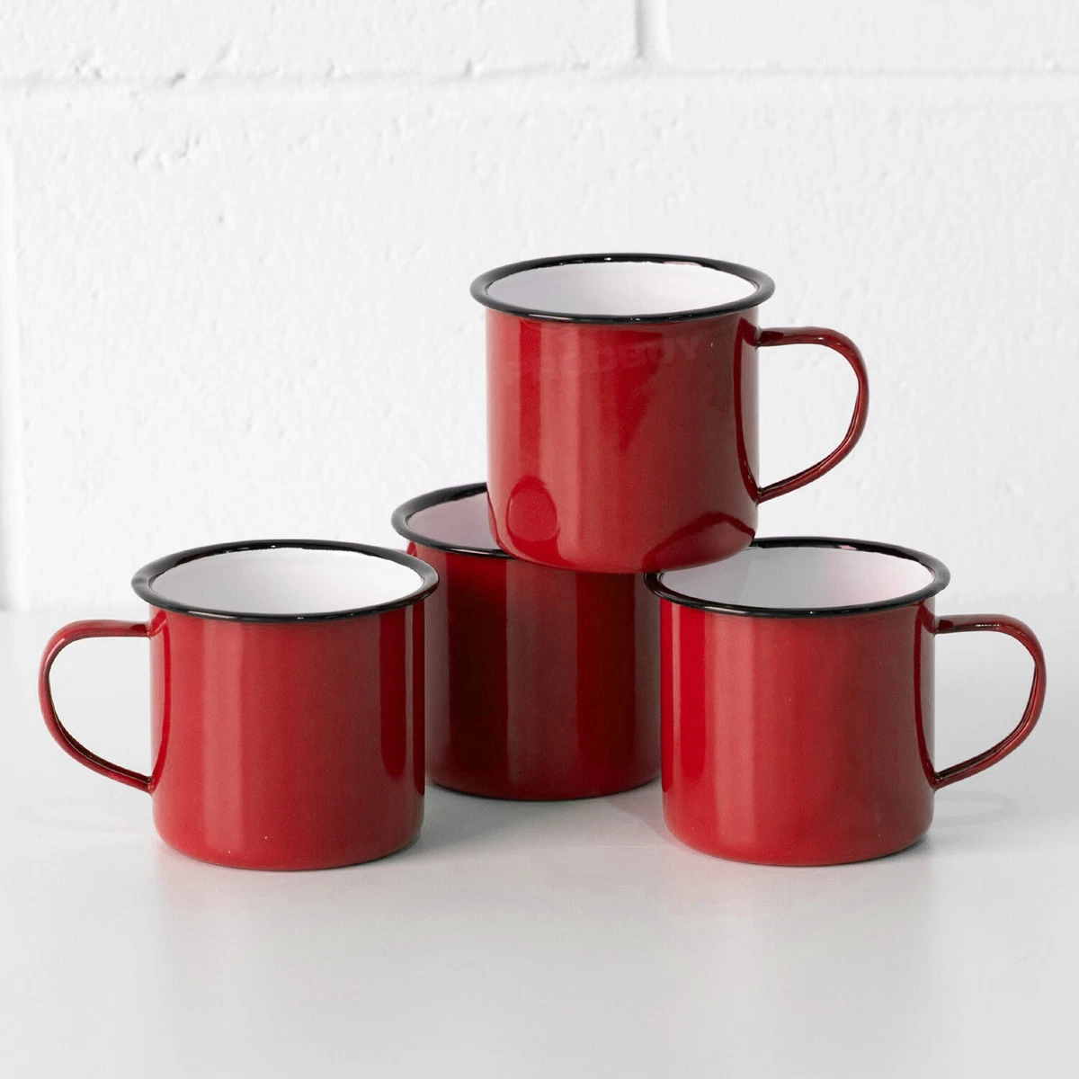 Set of 4 Red Enamel Mugs 360ml Vintage Style Tea Water Coffee Tin