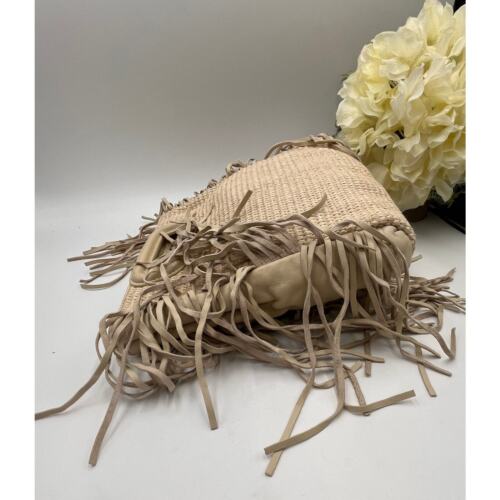 Maje Textile And Raffia M Beige Ecru Woven Tassel Fringe Boho Bag Clutch RTR - Picture 2 of 12