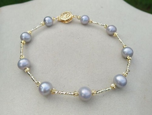 7.5-8" Pretty Design Natural Gray AAA South Sea Pearl Bracelet 14k Gold P - Picture 2 of 5