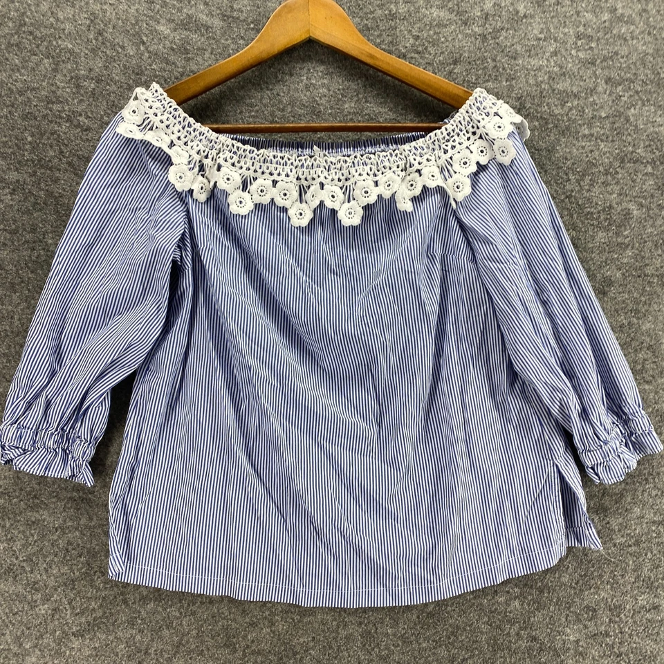 Blusa Elle Feminina M Média Azul Listrada Manga Longa Algodão Crochê Pulôver - Imagem 4 de 4