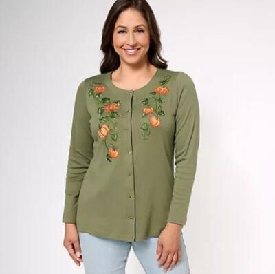 Quacker Factory Size 1X Olive Fall Splendor Snap Front Long Sleeve Cardigan