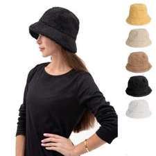 Womens Winter Fluffy Plush Bucket Hat Ladies Comfy Warm Faux Fur Fisherman Cap