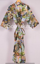 Indian Cotton Women's Long Kimono Beach Robe Block Nightwear Gown Boho Dress Art