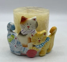 Ceramic Kittens Pillar Candle Holder 3 Kitty Cats Playing With Ball of Yarn