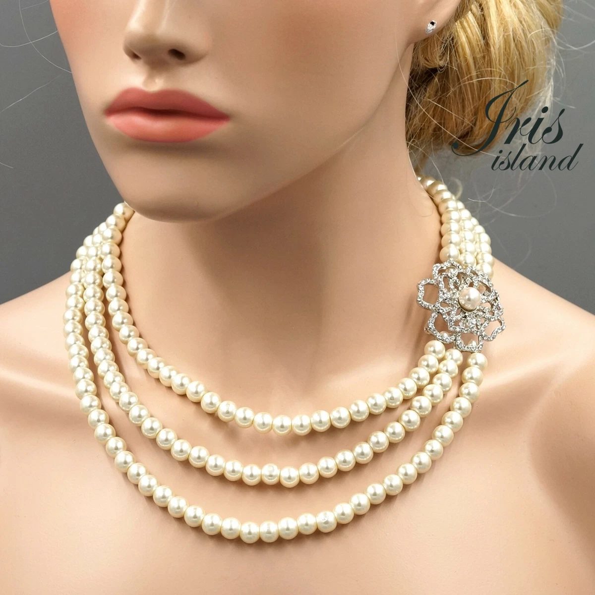 Layered Faux Pearl Necklace for Women Crystal Silver Flower