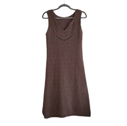 Athleta Women Size Medium Brown Crochet Knit Sleeveless Dress Bohemian Coastal