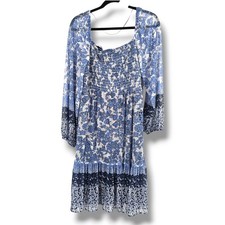Just Taylor Floral Smocked Dress Long Sleeve Square Neck Casual Blue White 1X