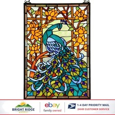 Handmade 15x23 Inch Stained Glass Window Panel Featuring Peacock and Flowers
