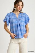 Blusa Top Peri Azul Umgee Diseño Textura Corazón Manga Acampanada Yugo Festoneado