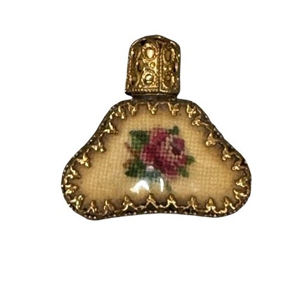 Vintage Rose Mini Miniature Perfume Bottle Needlpoint Ornate Gold Accents 1''