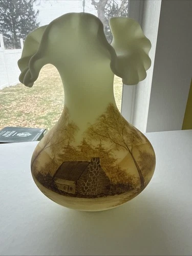 Fenton Vase Log Cabin Trees Custard Glass Hand Painted Satin Uranium Ruffled Vtg