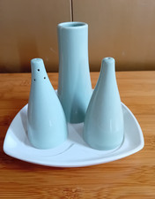 Poole Pottery Blue Cruet Set 1950 Salz & Pfeffertopf mit Vase Robert Jefferson