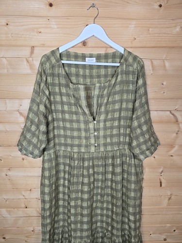 Poetry Linen & Cotton Check Tiered Seersucker Dress Size 12 Gold Olive RRP £175 - Picture 2 of 19