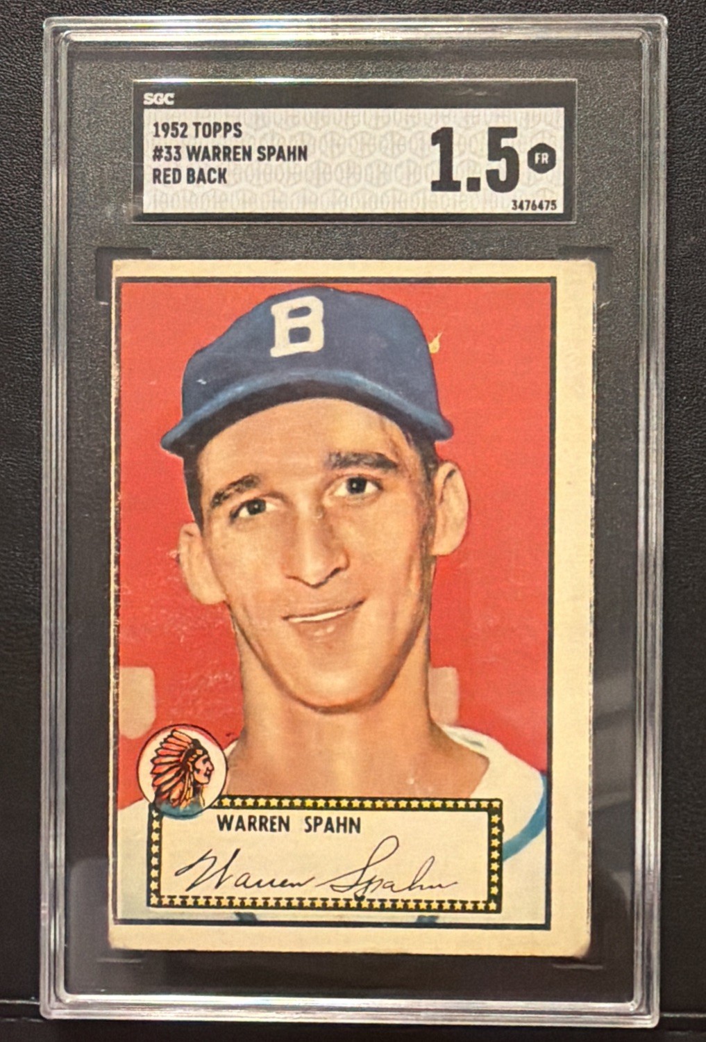 1952 Topps #33 Braves HOF Warren Spahn Baseball Card SGC 1.5 FR - Red Back
