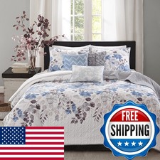 Madison Park Modern Floral Coverlet Breathable Blue Queen Quilt Set, 6pc