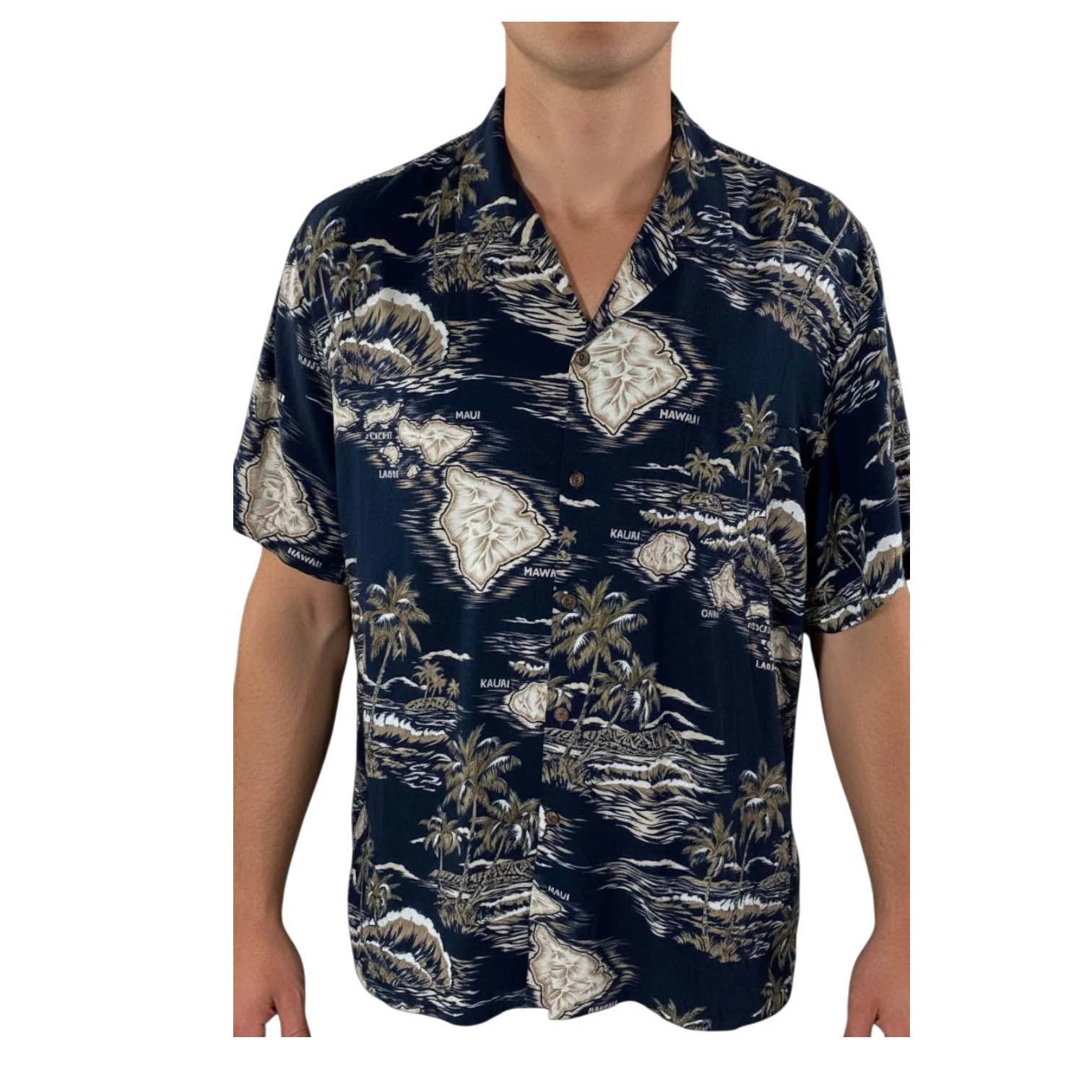 Hawaiian Reserve Hawaiian Aloha Shirt 3XL Island Map Palms Beach Black Brown
