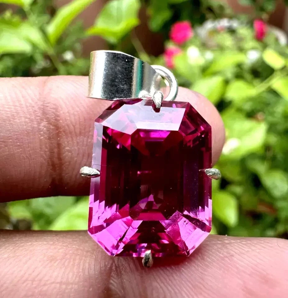 23 Karat einer Natürlichen Rosa Saphir Smaragd Schliff 925 Solid Silber Anhänger - Bild 4 von 4