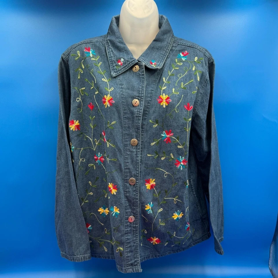 Bobbie Brooks 牛仔夹克刺绣花朵长袖纽扣女式 L — 第 2/4 张图片