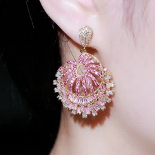 Chunky Gold Plated Chandelier Dangle Drop Earrings Cubic Zircon Wedding Jewelry