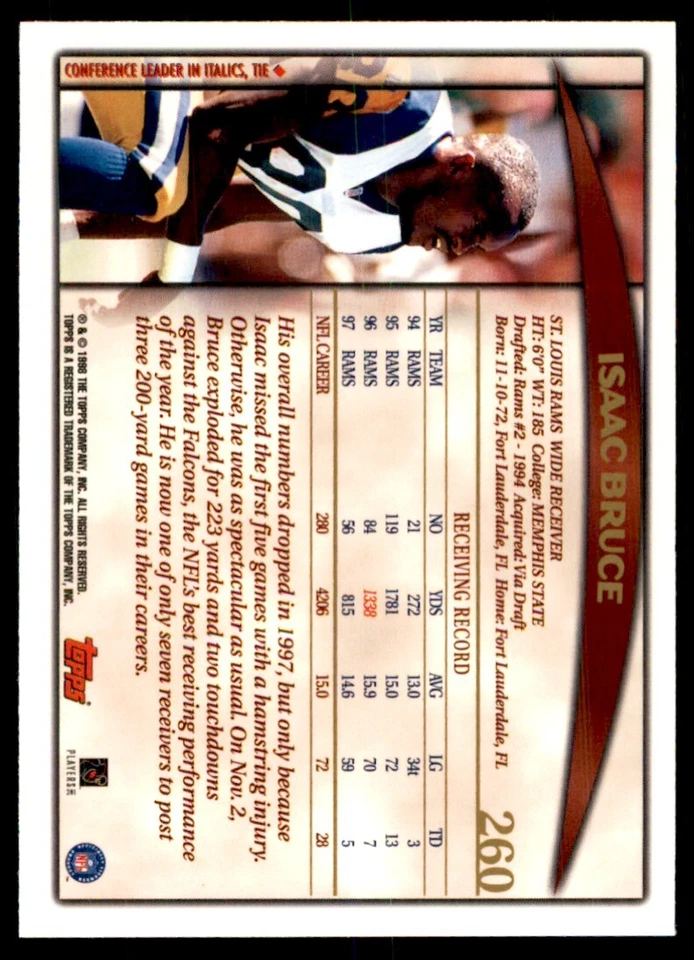 1998 TOPPS ISAAC BRUCE ST. LOUIS RAMS #260 - Image 2 of 2