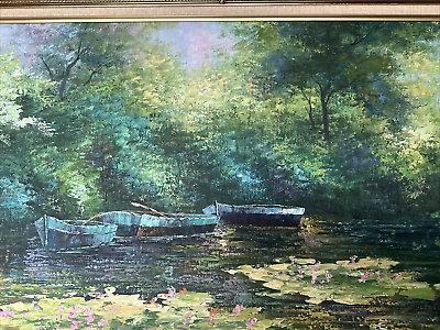 Vintage Artist D. GARDNER Original Oil Painting Lake, Boats, Lake View, Large Vintage Artist D. GARDNER Original Oil Painting Lake, Boats, Lake View, Large