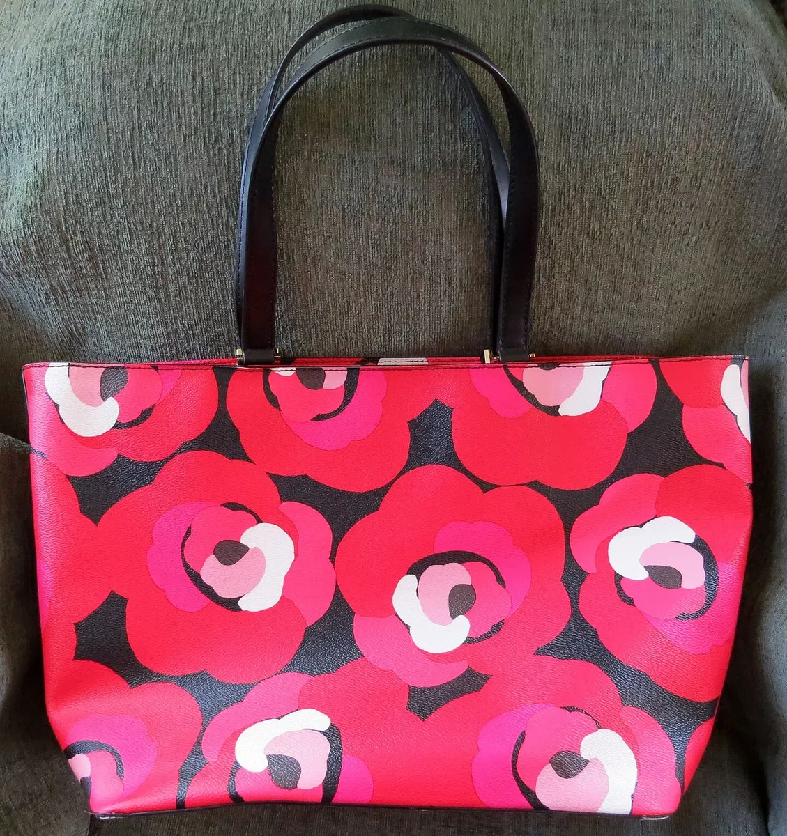 KATE SPADE XL Ellison Avenue Sidney Black Red Floral Print Leather Tote Hand Bag