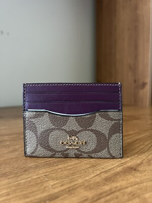NWT Coach Slim Id Card Case In Signature Canvas Khaki Deep Berry