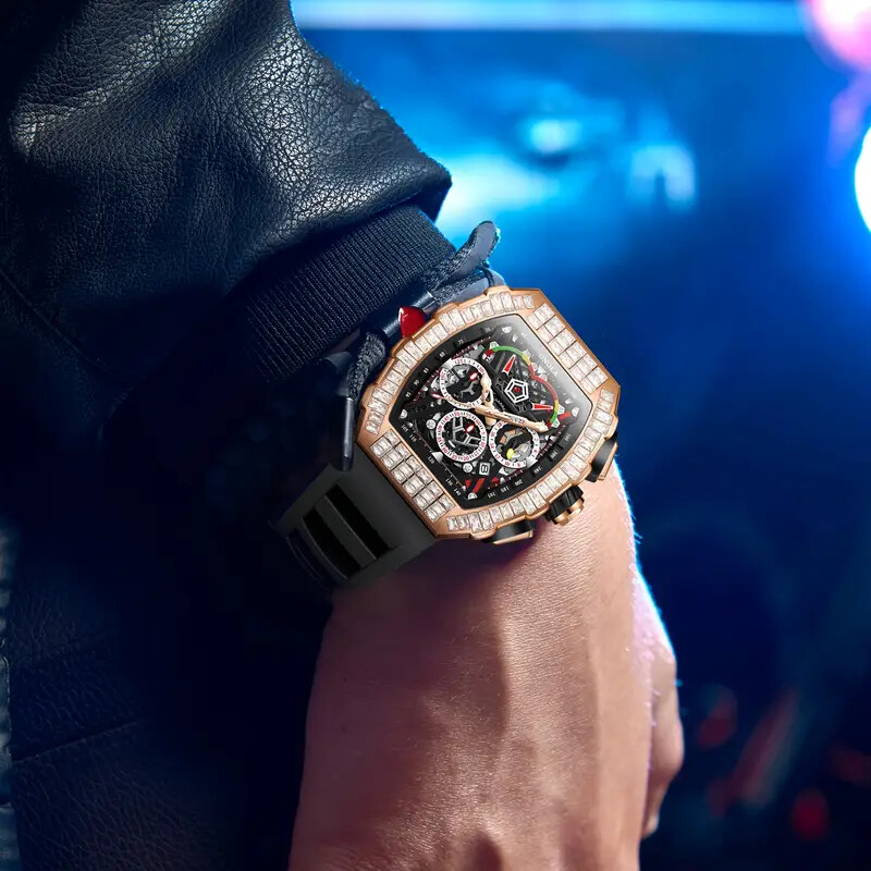 Men Luxury Watch Iced Bling Sports Baguette Stone Silicone