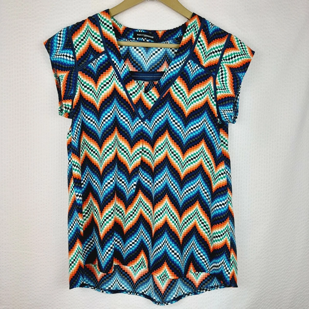 Rue Des Abbesses Paris Women V Neck Short Sleeve Multicolor Hannah Top Size M
