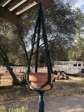 Macrame Plant Hanger Handmade Forest Green Craft Cord Dark Brown Wooden Beads