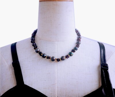 1-2 rows genuine black freshwater pearl chip Almandine garnet necklace  18-19''