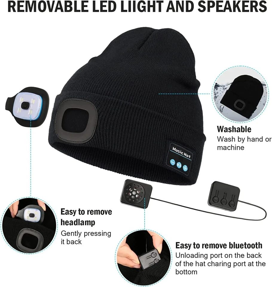 Bluetooth 5.0 LED Beanie Hat with Music Speakers Mic Rechargeable Cap Head Light - image 3 of 4