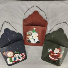 3 Christmas Metal Wall Hanging Pocket Bucket Basket Rustic Painted Snowman Santa