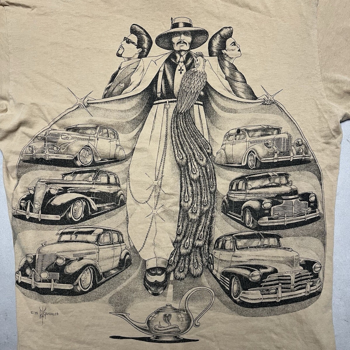 T-shirt Vintage Sunrise Sportswear - Motif Loup & Buffle Art Autochtone - Taille L - Années 90 - Occasion