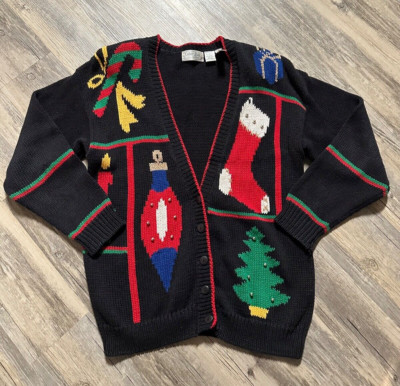 Vtg 90s Colter Bay Christmas Sweater Button-Up Holiday Tree Stocking Mom Grandma