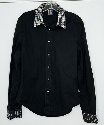John Paul Gaultier Long Sleeve Black Shirt Mens L Skull Cuffs Collar Snaps