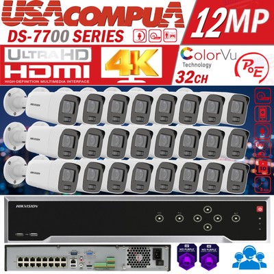 HIKVISION 32CH SECURITY IP CAMERA SYSTEM 12MP 16POE BULLET COLORVU 4K 8MP W/HDD