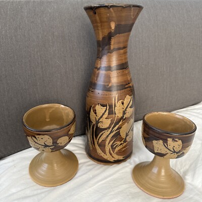 VTG Pacific Stoneware Wine Carafe & Two-Goblets Ceramic Earth Tones USA MCM Cool