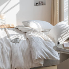 Linen Duvet Cover Set - 3Pcs Striped Grey King Bedding with Pillowshams