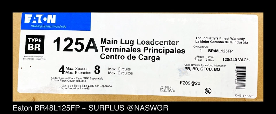 Eaton BR48L125FP ~ Eaton BR Main Lug Load-Center 125A, 120/240V ~ SURPLUS - Image 4 of 4