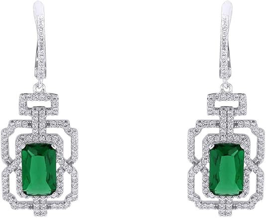 Cubic Zirconia & Simulated Emerald Dangle Earrings 14K White Gold Plated Silver