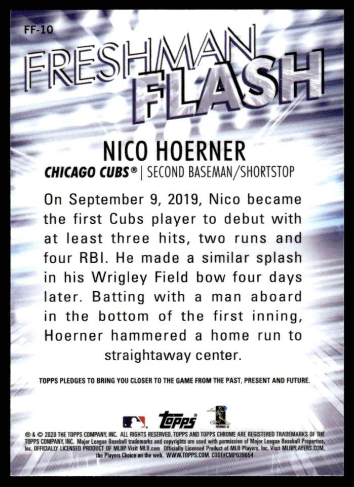 2020 Topps Chrome Freshman Flash Nico Hoerner R40 Chicago Cubs #FF-10 - Image 2 of 2