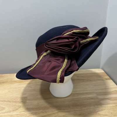 Vtg 50s JODY G‎ for SYLVIA USA Bollman Hat Womens Blue Wool Burgundy Gold Church Vtg 50s JODY G for SYLVIA USA Bollman Hat Womens Blue Wool  main image 4