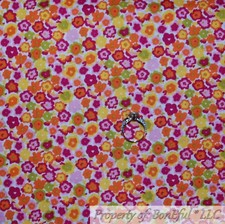 BonEful FABRIC FQ Cotton Quilt VTG White Pink Fuchsia Orange Yellow Small Flower