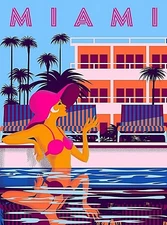 Miami Beach Florida Girl in Pool Retro Travel Wall Decor Art Deco Poster Print