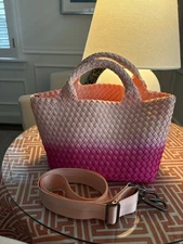 Naghedi St Barths Small Woven Tote with Matching Pouch in Pink Ombre dip dye