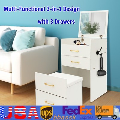3 Drawers Makeup Desk W/ Mirror Compact Dressing Table Vanity Table W/ Stool