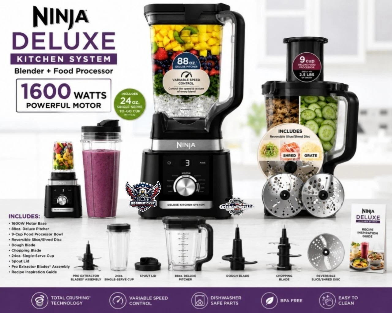 Ninja Deluxe Kitchen System Blender Food Processor 1600W Auto-IQ 88oz 9-Cup
Opens in a new window or
