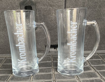Krombacher .5L Beer Embossed Lettering Clear Glass Handle Mug 7.5  Tall Lot Of 2
