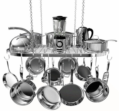 Hanging Pot Rack - Ceiling Mount Organizer with 15 Hooks, 33x17 in Silver